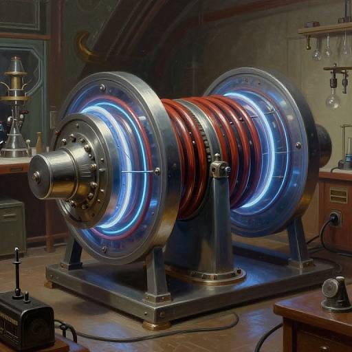 Photograph of a futuristic, metallic, cylindrical device with glowing blue lights and red coils, standing on a wooden workshop table.