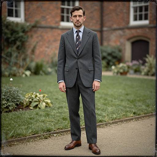 Photograph of a serious-looking man in a dark gray suit, white shirt, and striped tie, standing on a gravel path in front of a brick