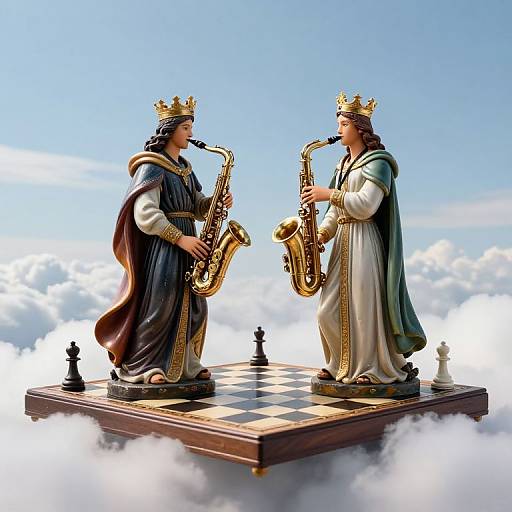 Digital illustration of two crowned, ancient-style musicians playing saxophones on a floating chessboard amidst fluffy clouds and a bright blue sky.