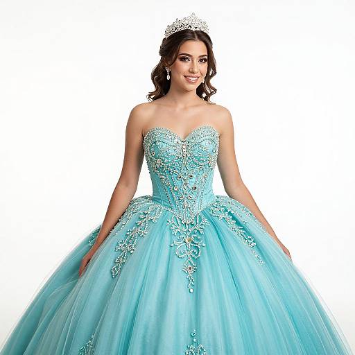 Photograph of a smiling woman in a strapless, turquoise, beaded ball gown with a full tulle skirt and silver tiara, against a