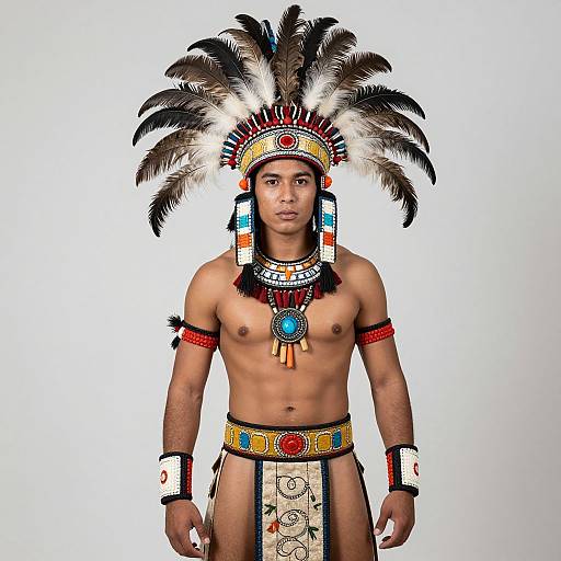 Photograph of a shirtless young man with medium brown skin wearing a Native American-style headdress, colorful necklaces, arm bands, and loinc