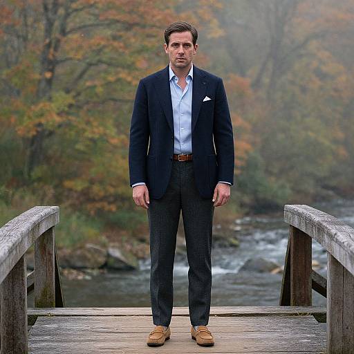 Photograph of a serious, middle-aged man in a dark blue suit, light blue shirt, brown shoes, standing on a wooden bridge with a mist