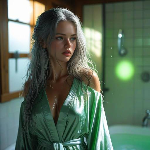 Wet Hair Woman in Silk Robe