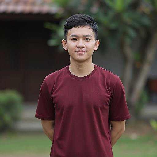 Photograph of a young Asian man with short black hair, wearing a maroon t-shirt, standing outdoors with a blurred green and brown background.