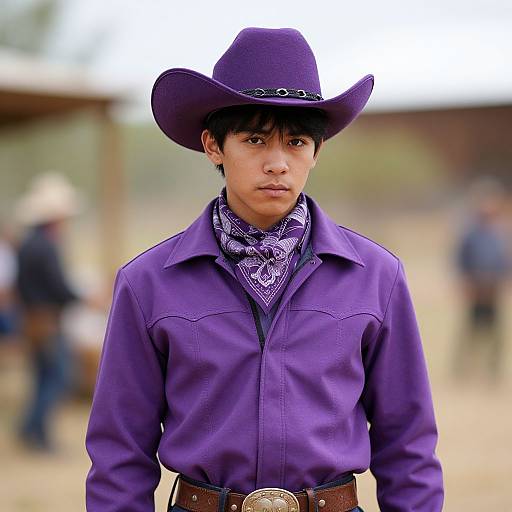 Young Latino boy with medium skin, dark hair, wearing a purple cowboy hat, matching shirt, bandana, and brown belt, standing outdoors. Bl