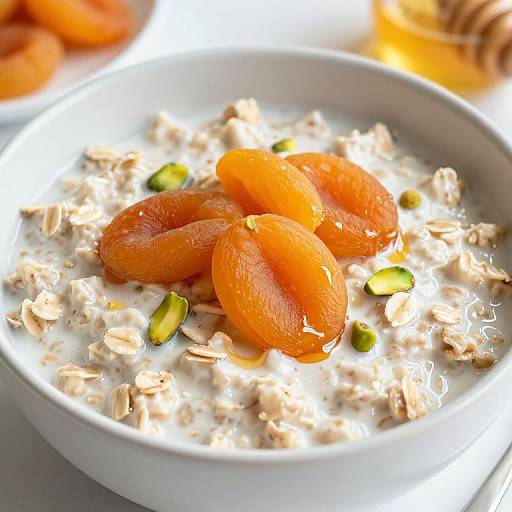 Photograph of a white bowl filled with creamy oatmeal topped with orange dried apricots, chopped nuts, and green pistachio slices.
