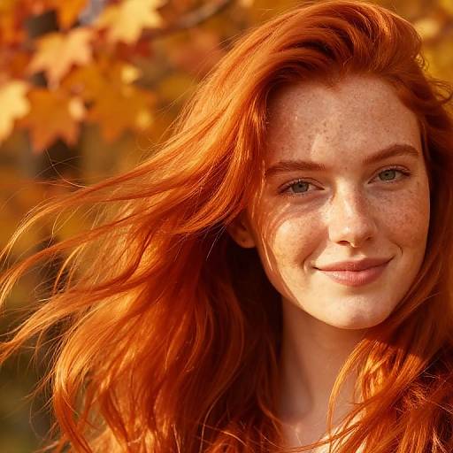 Photograph of a smiling, freckled redheaded woman with flowing, vibrant red hair against a golden autumn leaf background. Sunlight highlights her fre