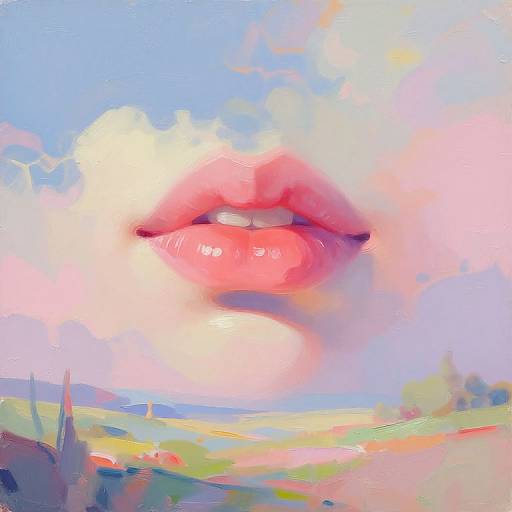 Digital painting of oversized, glossy pink lips with visible teeth, set against a vibrant, abstract sky and colorful landscape background.