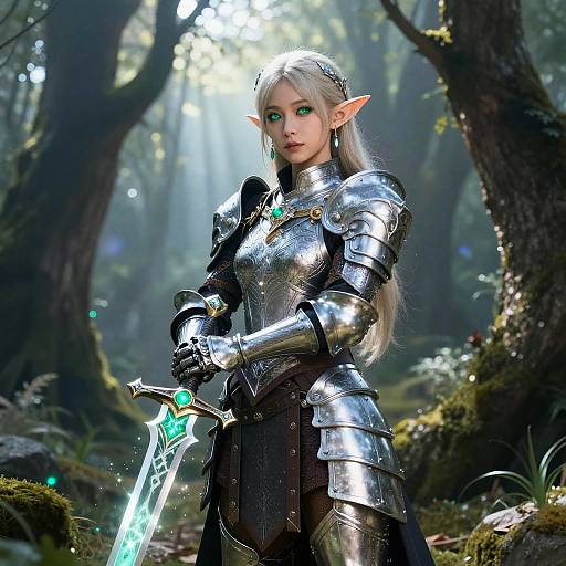 CGI fantasy scene of a silver-haired, green-eyed elven woman in shiny silver armor holding a glowing sword in a mystical forest.