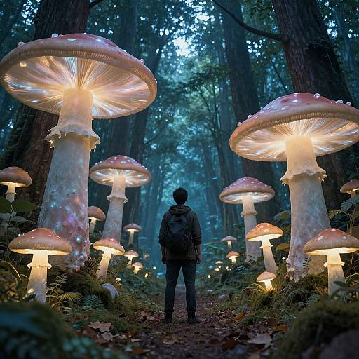 Photograph of a person in dark clothing standing in a magical forest illuminated by glowing, oversized mushrooms with radiant, yellowish caps.