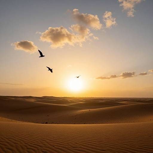 Photograph of a golden sunset over rippled sand dunes with two birds in flight, silhouetted against a sky with scattered clouds.