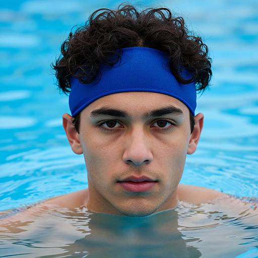 Photograph of a young man with curly dark hair, wearing a blue headband, looking directly at the camera in a bright blue swimming pool.