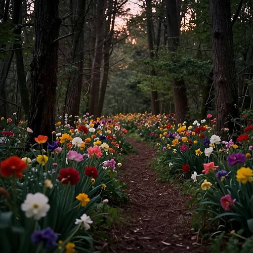 Photograph of a forest path lined with vibrant, multi-colored tulips, red, yellow, white, and purple, surrounded by tall trees at dusk