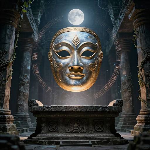 Photograph of a glowing, golden Buddha mask with ornate designs, centered on an ancient stone pedestal, illuminated by a full moon in a dimly