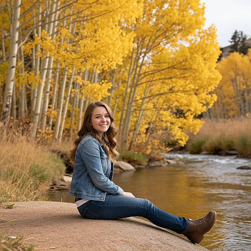 Photograph of a smiling young woman with wavy brown hair, wearing a denim jacket and blue jeans, sitting on a riverbank, surrounded by bright