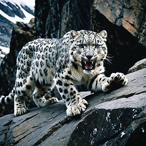 Fierce Snow Leopard on Rocky Ledge