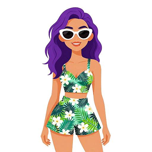 Digital illustration of a smiling woman with purple hair, wearing white sunglasses, a green and white floral bikini set, and standing against a plain white background.
