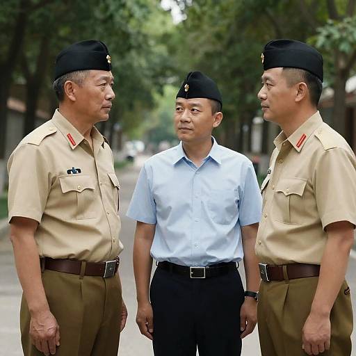 Three men in military uniforms standing outdoors
