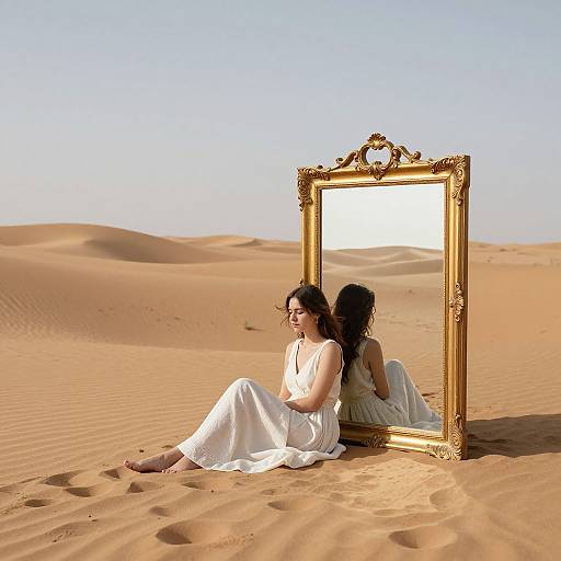 Photograph of a woman with dark hair in a white dress, sitting in a desert, leaning against a large ornate gold mirror reflecting her. Clear