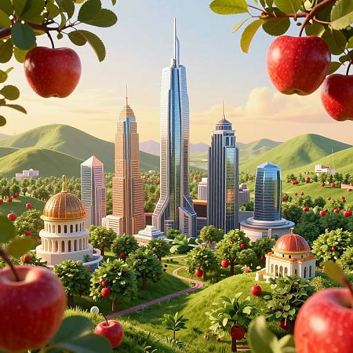 CGI image of a futuristic cityscape with tall skyscrapers, surrounded by lush green hills, apple trees, and red apples, under a sunset