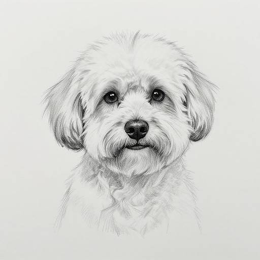 Black and white digital drawing of a fluffy, medium-sized dog with soft fur, round eyes, and a slightly wrinkled nose, centered against a plain