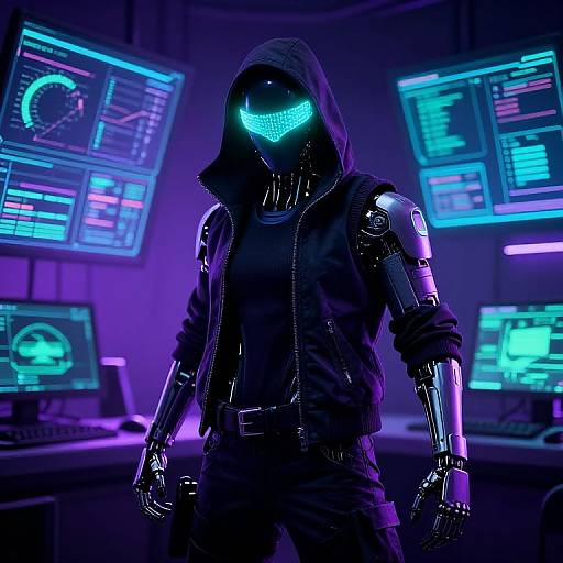 Neon-lit cyberpunk scene: glowing blue faceless humanoid in hooded jacket, robotic arms, standing in front of high-tech control panels.