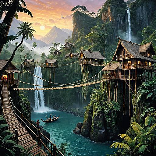 Treehouse Village in Jungle Cliffs at Sunset