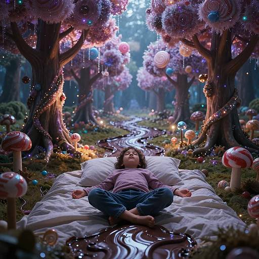 Child Meditating in Magical Candy Land