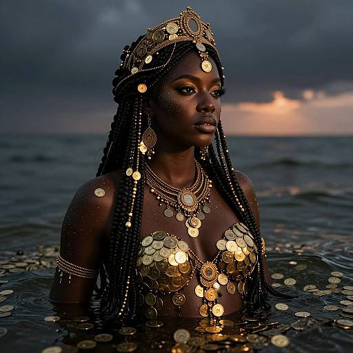 Photograph of a dark-skinned African woman with braided hair, adorned in gold coins and jewelry, standing in dark, calm ocean water under a