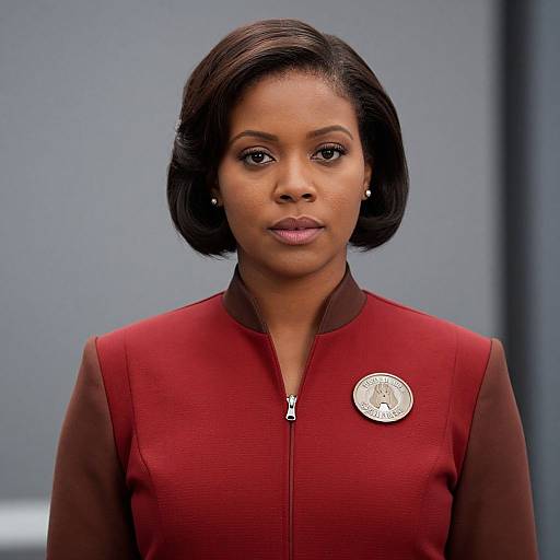 Photograph of a serious African-American woman with short black hair, wearing a red zip-up jacket with a circular badge, against a gray blurred background.
