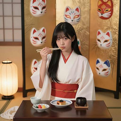 Asian Woman in Kimono with Chopsticks at Traditional Japanese Table