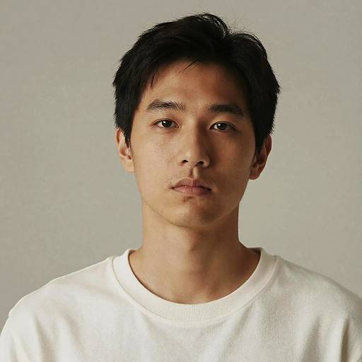 Photograph of an Asian man with short black hair, medium build, wearing a plain white sweater, against a plain light gray background.