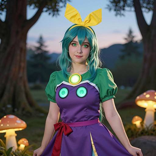 Cosplay photograph of a green-haired woman in a purple dress with glowing eyes, yellow bow, in a forest with glowing mushrooms at dusk.