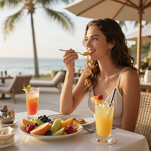 Photograph of a smiling brunette woman with wavy hair, wearing a white tank top, enjoying a tropical fruit salad at an oceanfront beachside restaurant