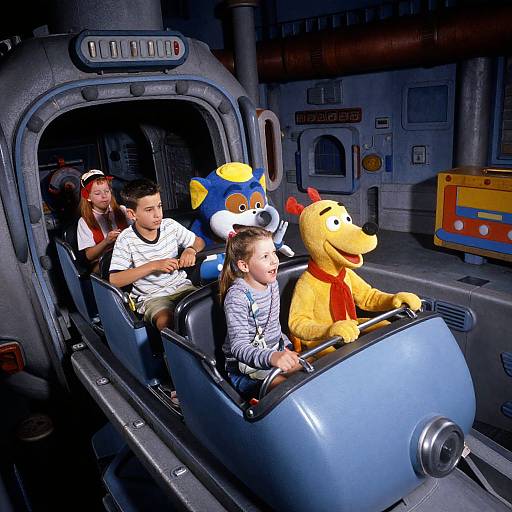 Photograph of a family ride with three children and a yellow Winnie the Pooh plush driving a blue car, set in a colorful, industrial-themed