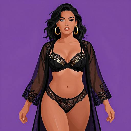 Digital illustration of a curvy woman with tan skin, black wavy hair, wearing black lace lingerie and a sheer robe, large gold hoop earrings,