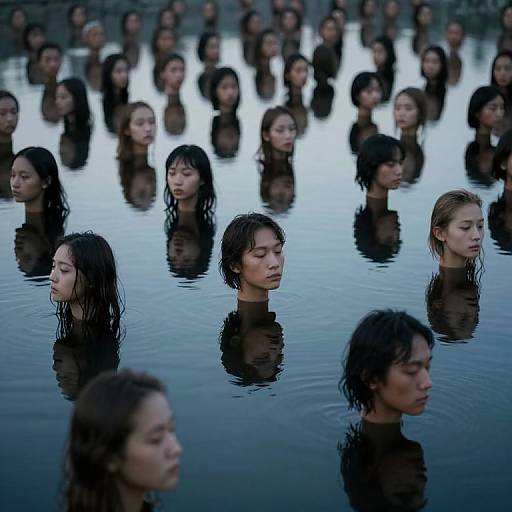 Photograph of numerous Asian women with wet, dark hair, floating face-up in a calm, reflective blue water, their serene expressions creating a haunting,