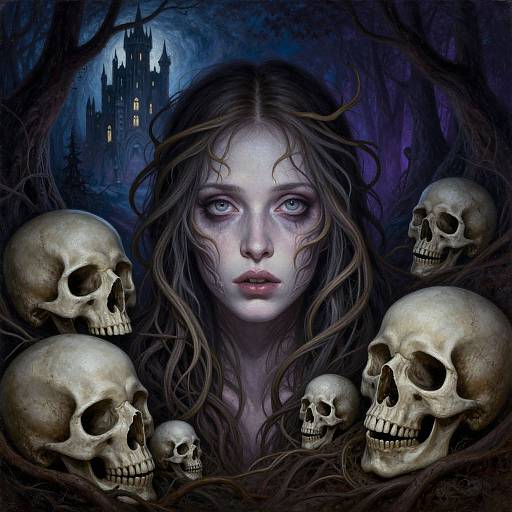 Digital artwork of pale, eerie-eyed woman with long brown hair surrounded by skulls, dark forest, and Gothic castle in the background.