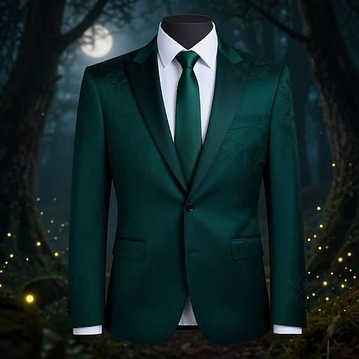 Photograph of a black, formal suit with white shirt and green tie, displayed in a mystical, moonlit forest with glowing fireflies.