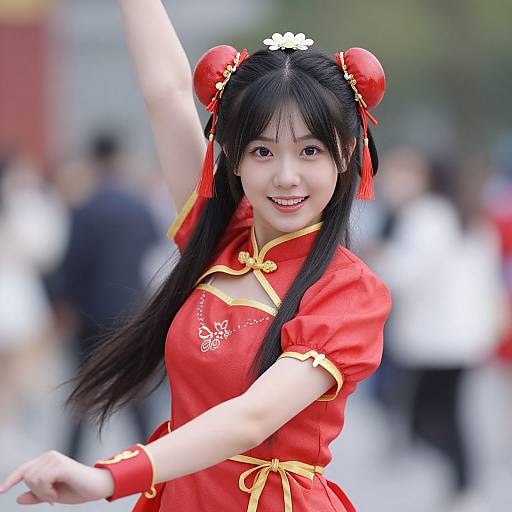 Photograph of an Asian woman in a red Chinese cheongsam with gold trim and double buns, smiling and dancing outdoors.