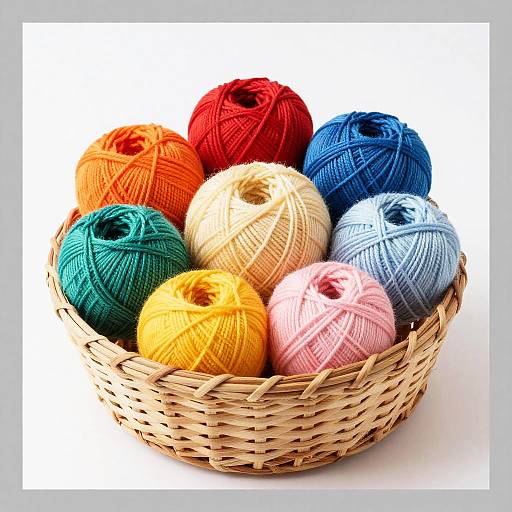 Photograph of a woven basket filled with eight colorful yarn balls: red, orange, green, yellow, blue, white, light blue, and pink