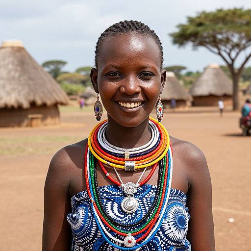 Photograph of a smiling African woman with dark skin, braided hair, wearing colorful beaded necklaces and intricate blue patterned dress, standing in
