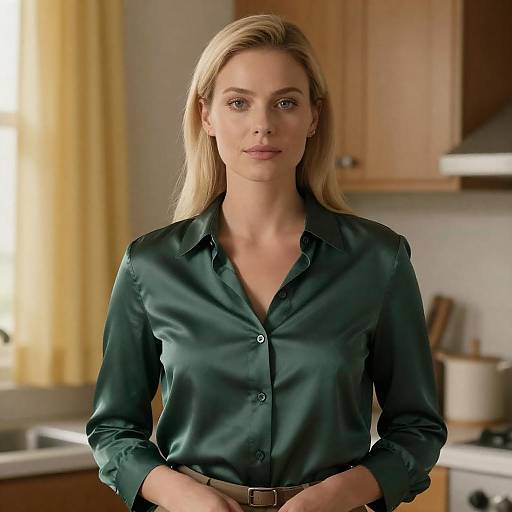 Blonde Woman in Green Satin Shirt