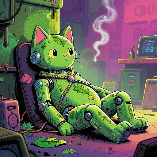 Digital art: Green, cybernetic cat with glowing eyes, smoking, reclined in a neon-lit, cluttered room with gadgets and wires