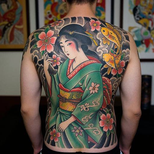 Photograph of a tattooed Asian man's back, featuring a traditional Japanese-style tattoo of a geisha with black hair, green kimono, pink