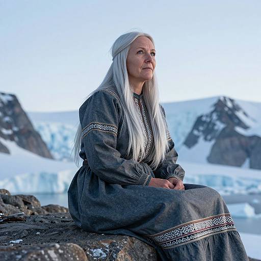 Photograph of an elderly woman with long white hair, wearing a dark, intricately embroidered dress, sitting on rocks in a snowy, icy landscape.