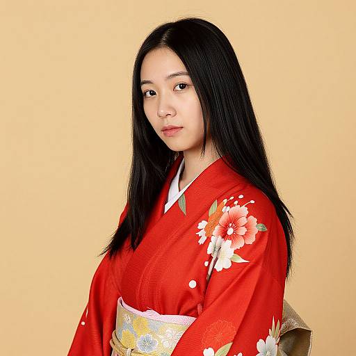 Asian Woman in Red Floral Kimono