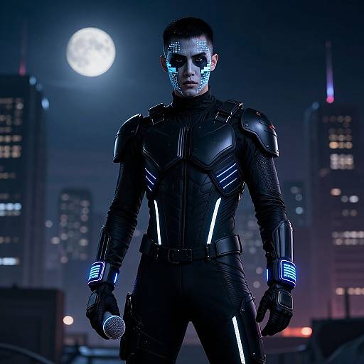 CGI image of a male superhero with glowing blue face markings, black armored suit, and futuristic gloves, standing under a full moon in a dark,