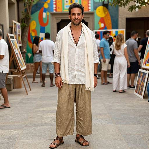 Man in Linen Outfit at Art Exhibit