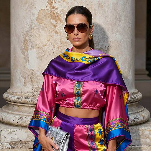 Stylish Woman Against Stone Column